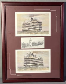 Riverboat Lithographs Signed Les Kuschel Two hand tinted lithographs of riverboats Columbia and Ste