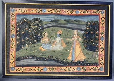 Pichwai Painting of Krishna & Radha Painting on cloth of Krishna & Radha with female attendant. Some