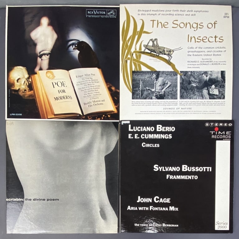 Vinyl LPs Poe, Cummings, Scriabin, Insects Circles by ee Cummings performed by Luciano Berio,: Circles by ee Cummings performed by Luciano Berio, Frammento by Sylvanian Bussotti, and Aria with Fontana Mix by John Cage. Time Records, S/8003. Gatefold. The Divine Poem by Scriabin, performed by Th