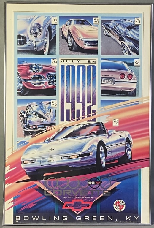 Chevrolet Corvette One Millionth Poster Framed Poster commemorating the one millionth Corvette: Poster commemorating the one millionth Corvette produced in July 2nd 1992 in Bowling Green Kentucky. Poster with frame is 24 X 36 1/4 inches in size.