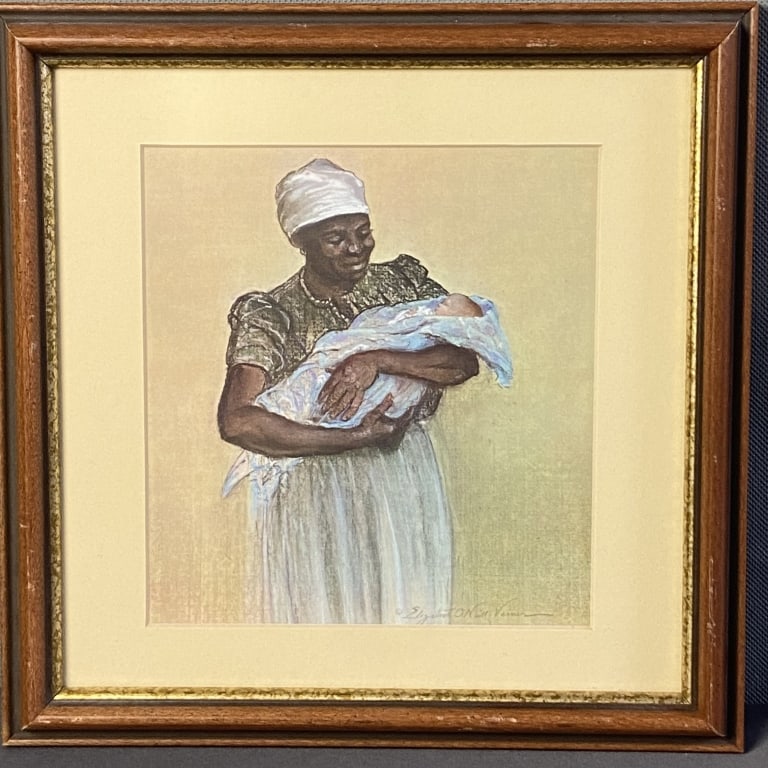 Lithograph Blue Baby by Elizabeth O'Neill Verner Lithograph print of an African American woman: Lithograph print of an African American woman holding a baby in a blue blanket. Signature in print. Artwork with mat and frame is 10 1/4 X 10 1/2 inches in size.