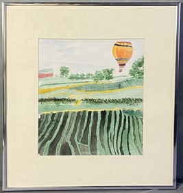 Original Watercolor Hot Air Balloon over Fields Original watercolor painting of a hot air balloon in