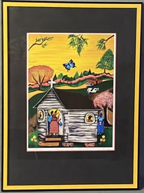 Gullah Art Closer to the Stars Signed Colorful art serigraph of a church and butterfly. Signed
