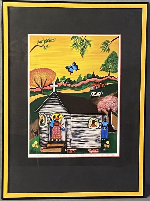 Gullah Art Closer to the Stars Signed Colorful art serigraph of a church and butterfly. Signed: Colorful art serigraph of a church and butterfly. Signed Sabree, dated 2/4/13, and titled Closer to the Stars II. Artwork with frame is 13 1/4 X 18 1/4 inches in size.