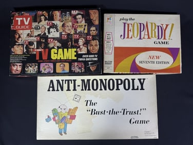 Vintage Board Games Anti-Monopoly Jeopardy TV Some shelf wear/signs of age on boxes. Not inspected