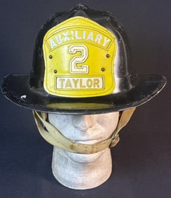Vintage Cairns Fire Helmet w Leather Shield Taylor Michigan Auxiliary. Heavy wear on helmet shell.