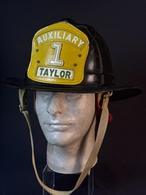 Vintage Cairns Fire Helmet w Leather Shield Taylor Michigan Auxiliary. Wear/signs of age on helmet