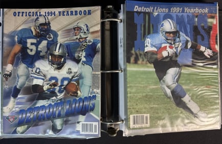 Detroit Lions Yearbook Collection 1991-1999 Missing 95 and 96. In binder. Some doubles. 11 x 8 x 4
