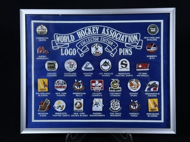 World Hockey Association Collector Ed. Logo Pins Enamel pins framed. See photos for included items.
