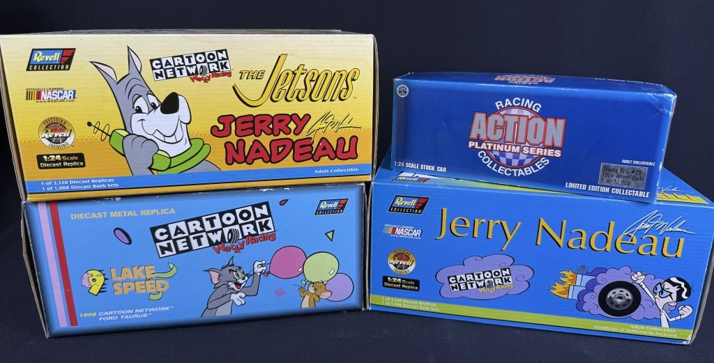 Cartoon Network Diecast 1:24 NASCAR Cars Revell and Action. In original boxes that have been: Revell and Action. In original boxes that have been previously opened. 11 x 14 x 12 inches total lot size.