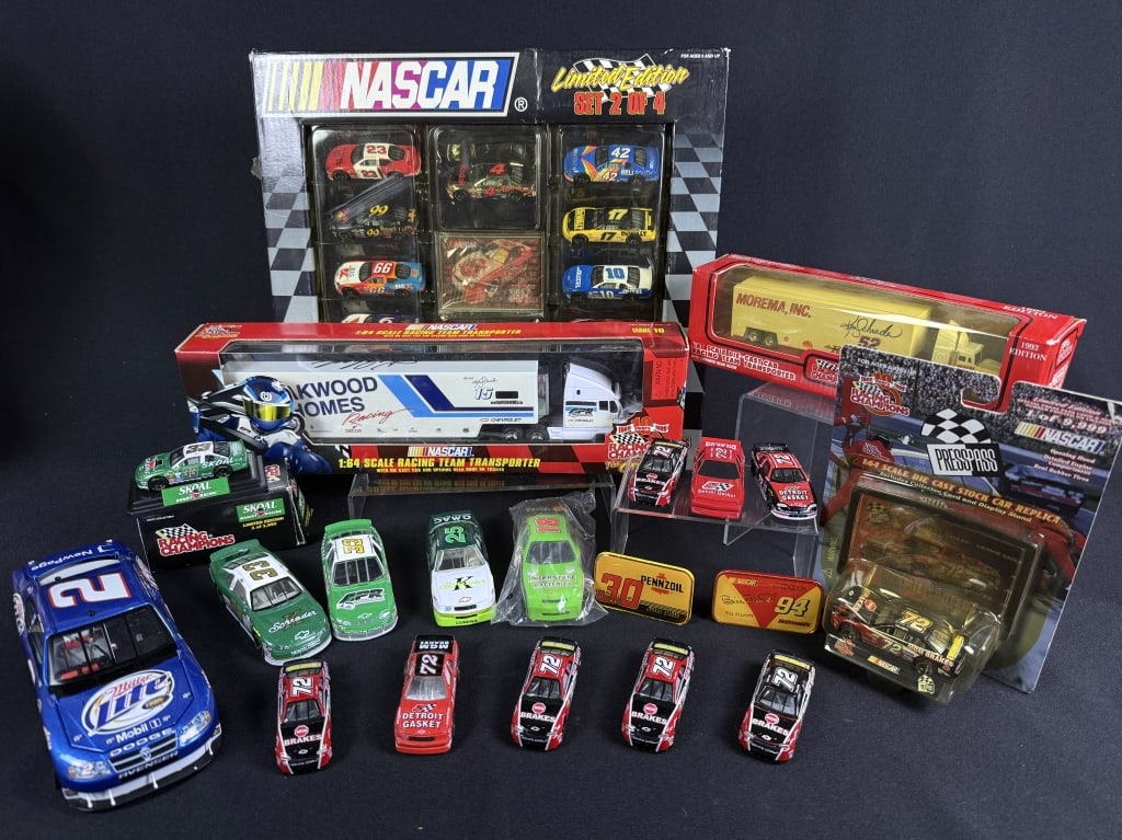 Mixed Grouping NASCAR Diecast Cars & Trucks Some signs of age/wear including yellowing on box: Some signs of age/wear including yellowing on box windows, scuffs and scratches. Please refer to photos for included items and condition details. 15 x 15 x 4 inches total lot size.