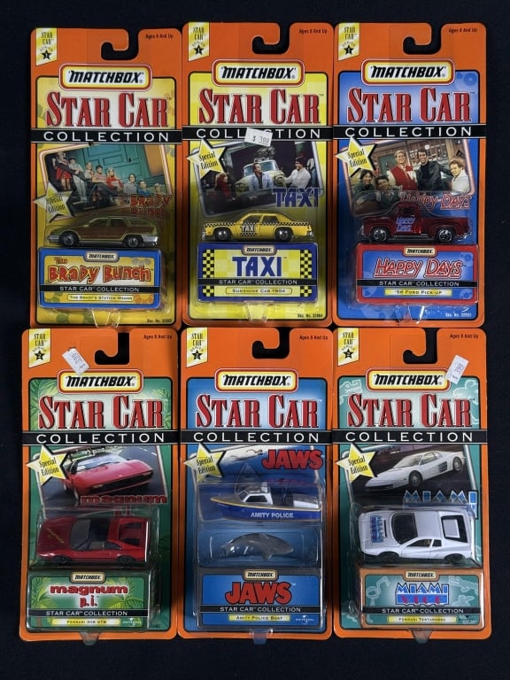 Matchbox Star Car Collection Unopened 6 cars still on card. Series 1 and 2. Some warping on cards.: 6 cars still on card. Series 1 and 2. Some warping on cards. Please see photos for item and condition details. 5 x 8 x 4 inches total.