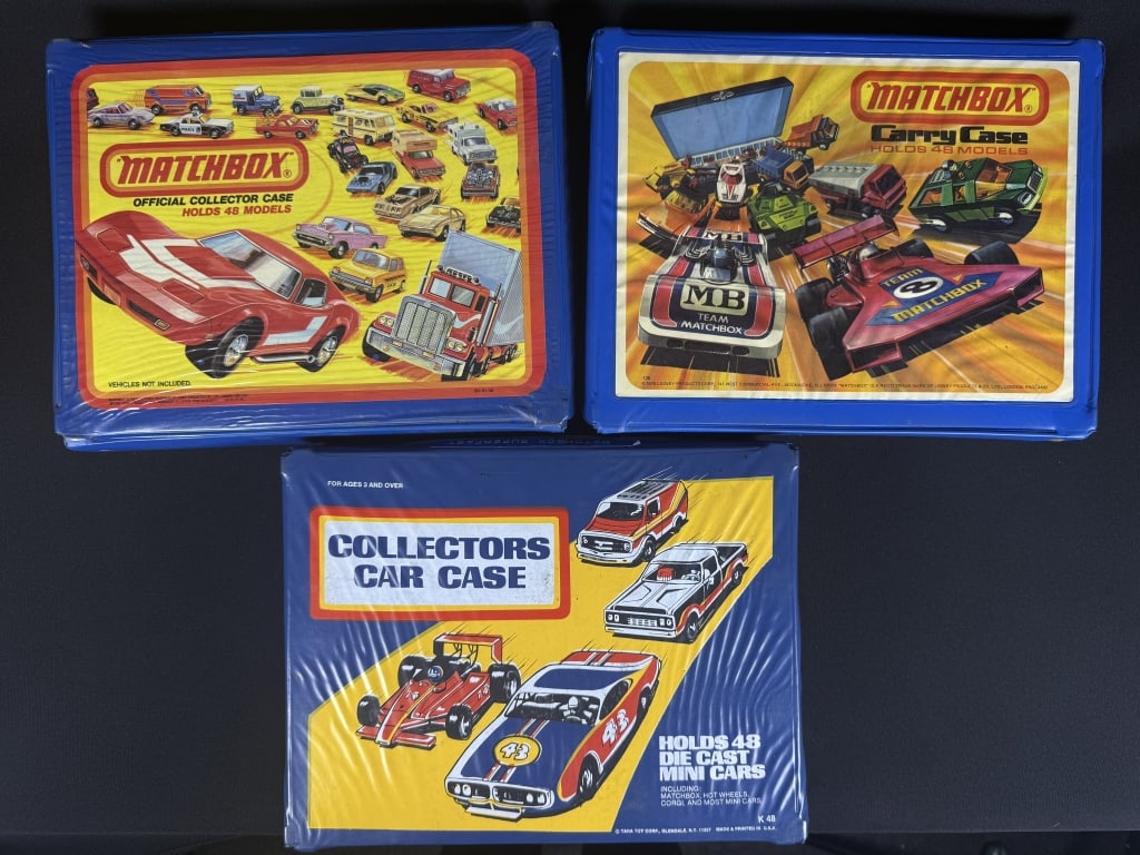 Vintage Matchbox & Tara 48 Car Collector Cases Matchbox 1976 and 1980. 13 x 10 x 3 inches each. Some: Matchbox 1976 and 1980. 13 x 10 x 3 inches each. Some wrinkling and other signs of age. Two half trays missing. See photos.