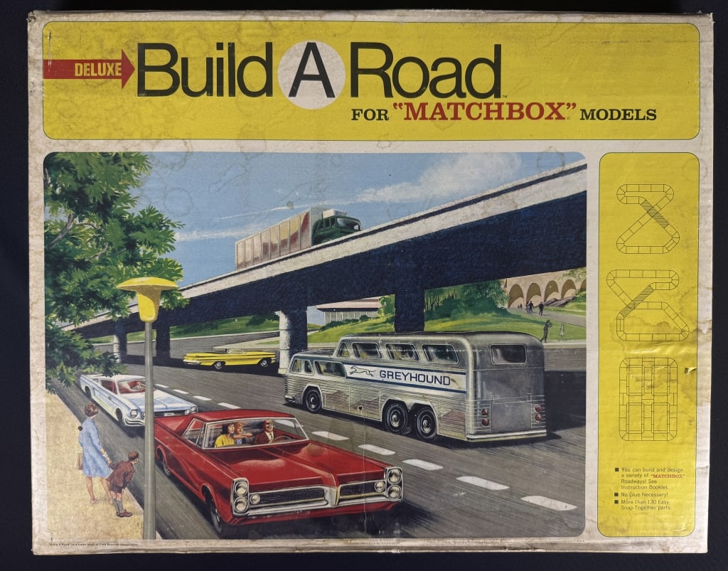 Vintage Deluxe Build A Road For Matchbox Models 1967. Inventory not thoroughly inspected for: 1967. Inventory not thoroughly inspected for completeness. Signs of age/wear on box including seam separation water stains and old tape residue. See photos for details. 20.5 x 2.5 x 16.5 inches.