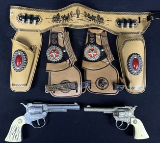 Vintage Cowboy Cap Guns & Holsters Signs of age and wear overall see photos for condition details.