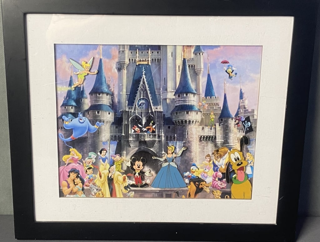 Disney Pin Art in Frame Picture of Cinderella's Castle at Disney World with Disney characters: Picture of Cinderella's Castle at Disney World with Disney characters standing in front. Artwork includes four pins, Tinkerbell, Mickey Mouse, Cinderella, and Pluto. Some scratches to the plastic. Art
