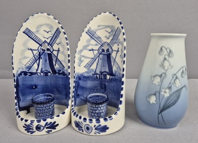 Pair of Delft Blue Windmill Wall Sconces & Bing & Grondahl Copenhagen Vase