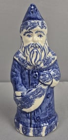 Blue & White Santa Pottery Figurine 8.5 inches tall. Unmarked. Appears to have chips around base on