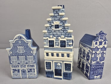 3 Holland Delft Blue Miniature Ceramic Canal Houses