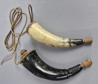 Vintage Pair of Hand Carved Powder Horn Flasks Each measures 8 inches long. Light colored one has a
