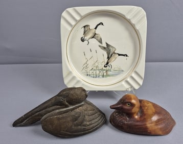Vintage Decorative Geese Ashtray Pelican Statue & Signed Wooden Duck