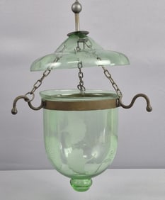 Vintage Etched Bell Jar Hanging Lantern 15 inches tall. Chain measures 33 inches. No chips or