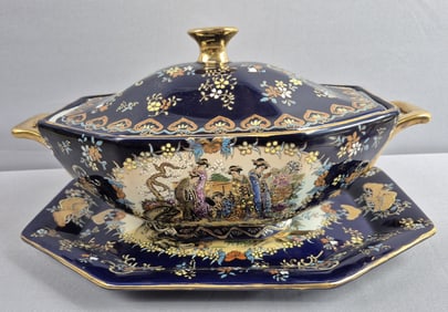 Vintage Blue & Gold Hand Painted Porcelain Tureen Set