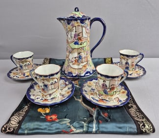 Vintage Japanese Geisha Girl Tea Set for 4 & Silk Panel