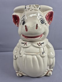 Vintage American Bisque Pottery Cookie Jar ABCO Some paint worn, crazing. Chips around rim of lid.