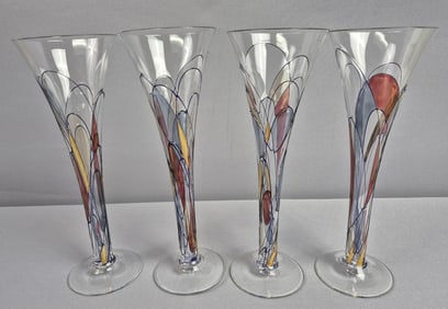 Romanian Crystal Fluted Champagne Glasses 10 inches tall. Some gold color worn off. Very small chip
