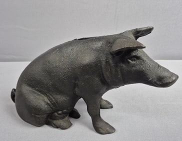 Vintage Cast Iron Piggy Bank 10 inches long. Missing a screw. Please see images for details