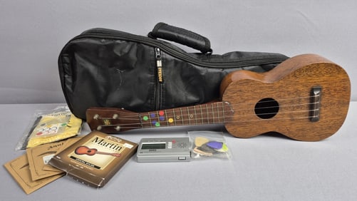 Mele Wooden Soprano Ukulele with Case & Accessories