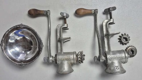 2 Vintage Universal Food & Meat Grinders & Silver Plate Marquise Rogers Bros Bowl