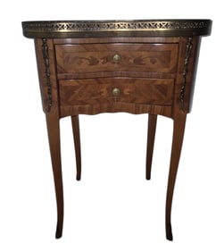 Vintage Wooden Marquetry Kidney Shape Night Table Measures 18 x 11 x 25 inches tall. Not marked with