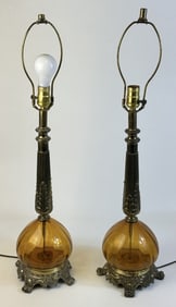 Vintage Amber Glass and Brass Table Lamps 30 inches tall. No shades. Both work.