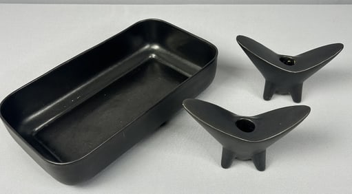 Mid Century Modern Black Haeger Pottery Vintage Haeger ceramic box tray and tripod candle holders.