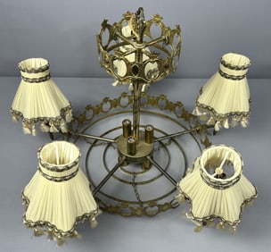 Vintage Brass & Prism Chandelier Brass chandelier with linen shades and comes with tray full of