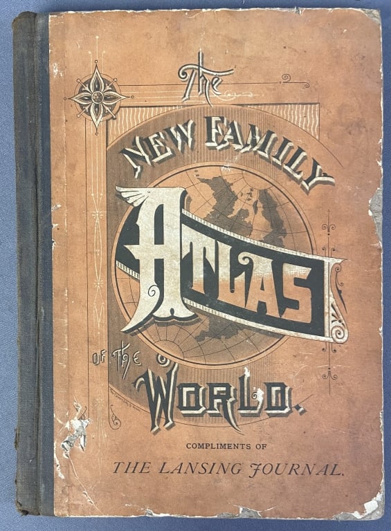 Antique Book New Family Atlas of the World The New Family Atlas of the World, published by Winn &: The New Family Atlas of the World, published by Winn & Hammond, 1885. Wear to boards, pages 55-102 are loose from main text block.