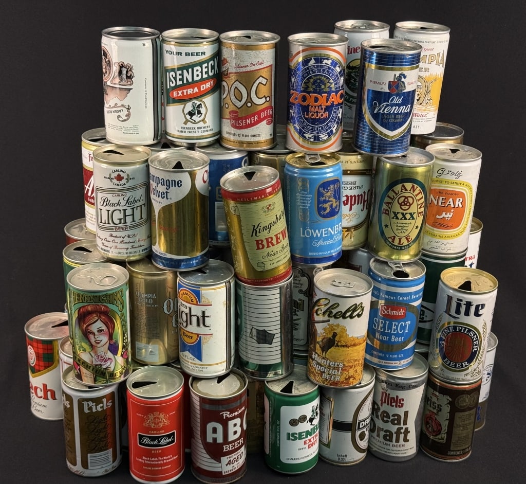 Vintage Pull Tab Beer Can Mixed/Mystery Lot Some stay tabs. 2 mini Kegs. All have been emptied.: Some stay tabs. 2 mini Kegs. All have been emptied. Shelf wear, scratches, dents and tarnish present18 x 15 x 12 inches total lot size.