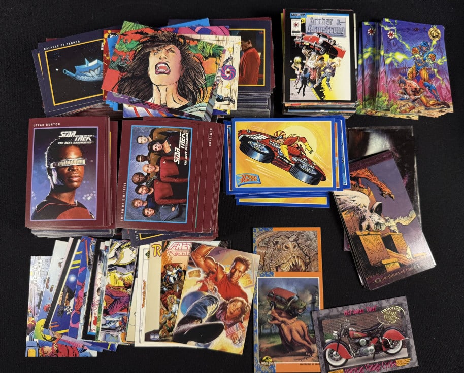 1990s Non Sports Cards Mixed Lot Star Trek Valiant Speed Racer and others. Some light edge wear: Speed Racer and others. Some light edge wear present. Approximately 12 x 3.5 x 3 inches in total.