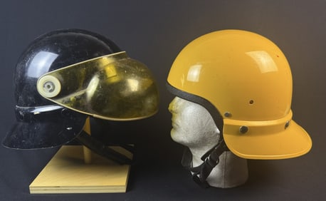 Vintage Fire Helmets Bell Toptex Federal Signal Corps. Signs of use overall including scuffs,