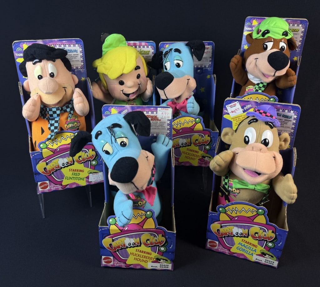 Vintage Mattel Cartoon Club Hana Barbera Plushies In original packaging. Signs of age/wear including: In original packaging. Signs of age/wear including scuffs, scratches, creases and edge wear on packaging. 5 x 5 x 11 inches each.