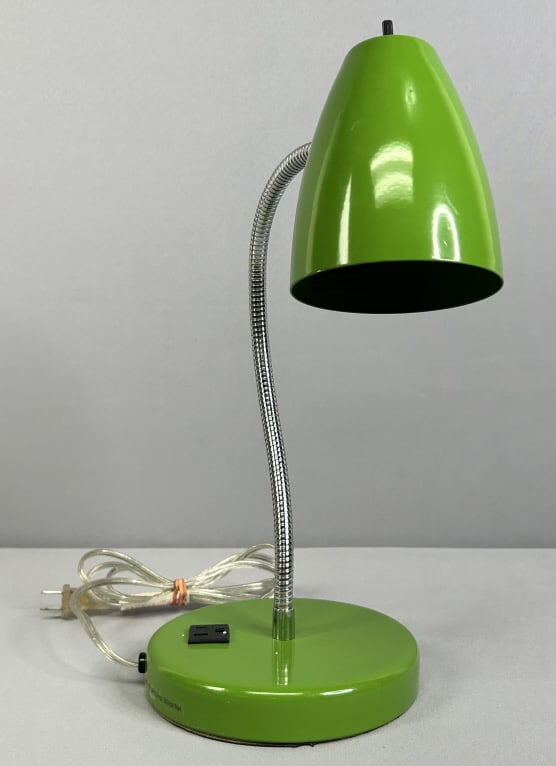 Vintage Green Gooseneck Table Lamp Vintage gooseneck table lamp tested and in working condition.: Vintage gooseneck table lamp tested and in working condition. Visible wear on velvet bottom. 7 inches wide at the base and 20 inches tall.