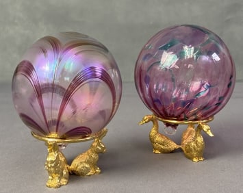 Handblown Glass Ornaments & Pewter Stands Two hand blown glass orbs with two pewter stands with