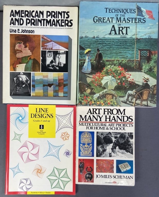 Vintage Art Books Printing & Painting Set of 4 Art from Many Hands by Jo Miles Schuman. Published by: Art from Many Hands by Jo Miles Schuman. Published by Spectrum, Prentice Hall, 1981. Some water damage. Line Designs Grades 5 and Up by Dale Seymour, Linda Sibley, and Joyce Snider. Published by Ideal