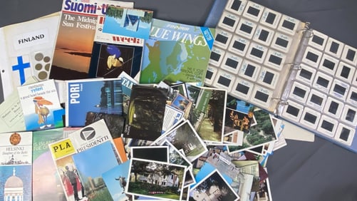 Vintage Travel Mystery Lot Postcards Maps Large lot including Finnish Coins, travel slides,