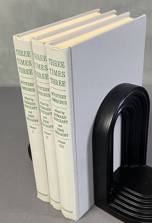 Three Times Three Mystery Omnibus Books Three Times Three Mystety Omnibus Volumes 1,2, and 3, edited: Three Times Three Mystety Omnibus Volumes 1,2, and 3, edited by Howard Haycraft and John Beecroft. Published by Doubleday & Company, 1964. Includes stories by Rex Stout, Ellery Queen, Agatha Christie,