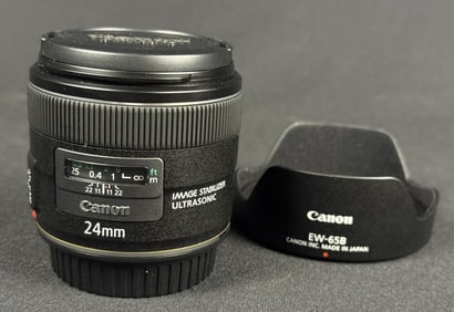 Canon EF 24mm f/2.8 IS USM Lens With front and rear caps. Untested. Includes EW-65B shade. 3 x 2.5