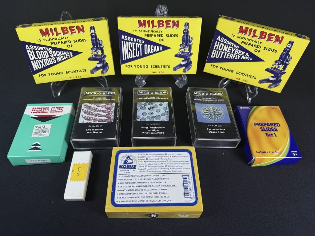 Vintage Microscope Slides Milben Micr-O-Slide Please refer to photos for included items and: Please refer to photos for included items and condition details. 12 x 8 x 5 inches.