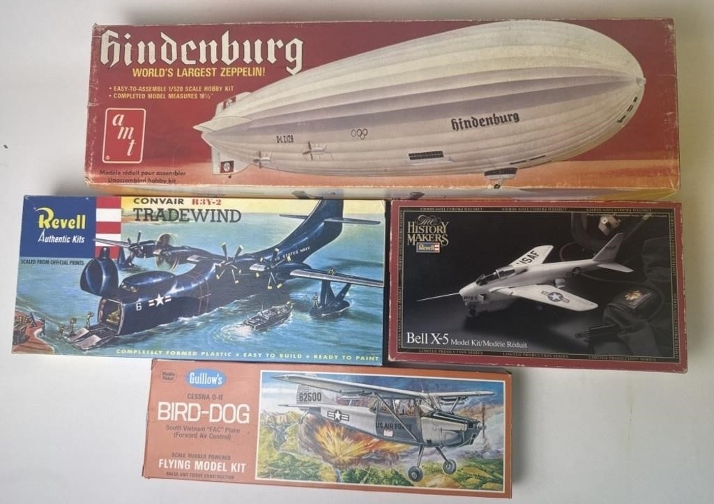 Assorted Model aircraft Lot Hindenburg #T557 Convair #H-238:98 Cessna #902 Bell X-5 #8619: Convair #H-238:98 Cessna #902 Bell X-5 #8619 Uninspected. See photos for contents and condition details. 21 x 9 x 6 total lot size.